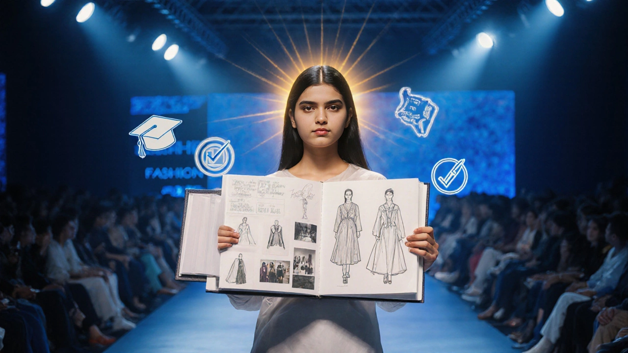 Designer on runway holding portfolio with glowing checklist icons in background.