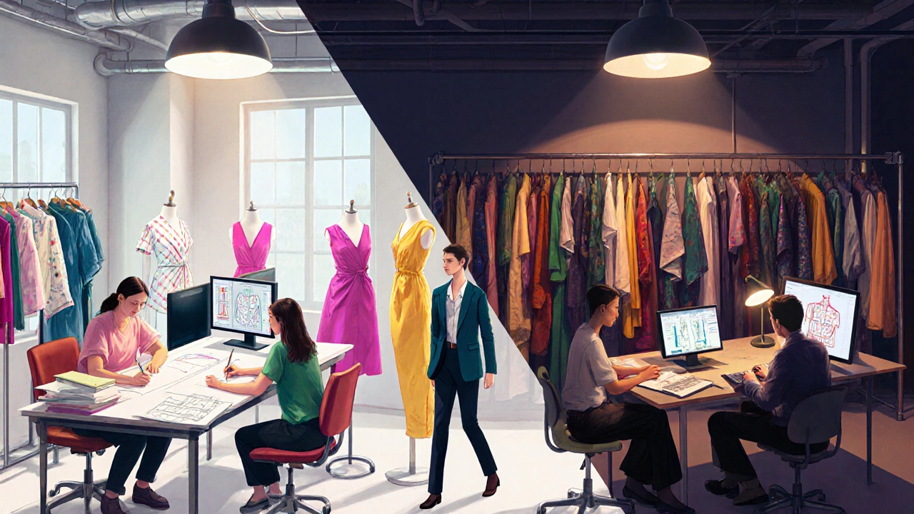 Fashion studio split between full‑time daylight work and part‑time evening study, with students and mentor.