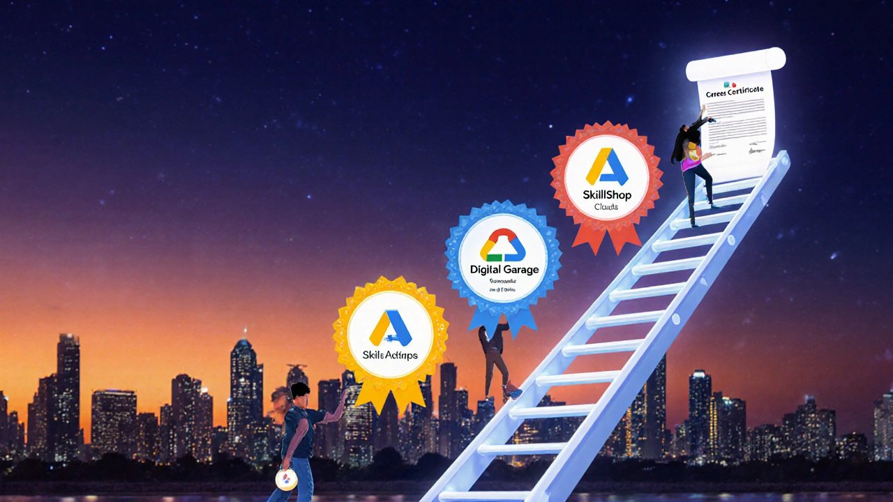 Figure climbing a ladder of glowing Google certificates against an Indian city skyline.