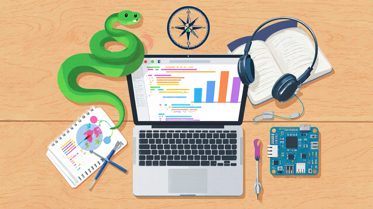 Flat illustration of five symbols representing Python, web dev, IT support, data analysis, and hardware.
