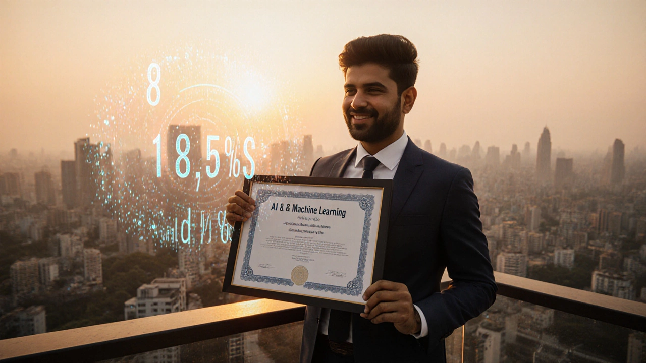 Graduate on balcony holding AI certificate with floating salary figures and city backdrop.