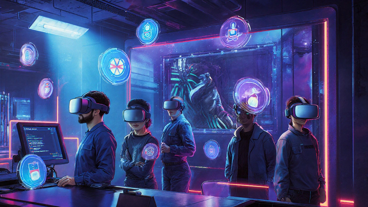 Learners using VR headsets with floating digital badges in a futuristic training space.
