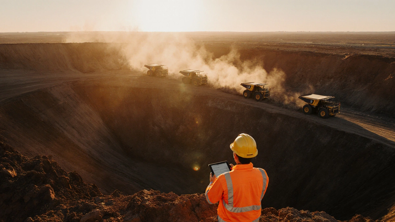 Mining technician apprentice overseeing a sunrise Pilbara open‑pit mine.