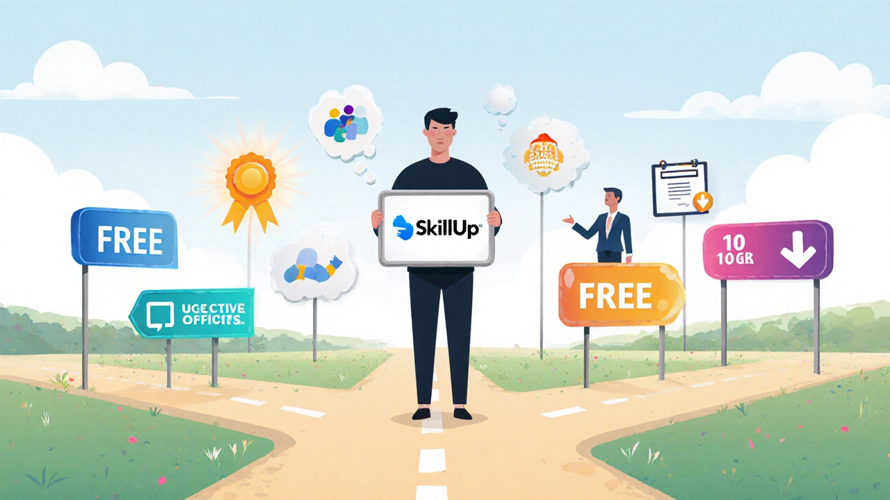 Person at a forked path choosing between free features and premium perks.