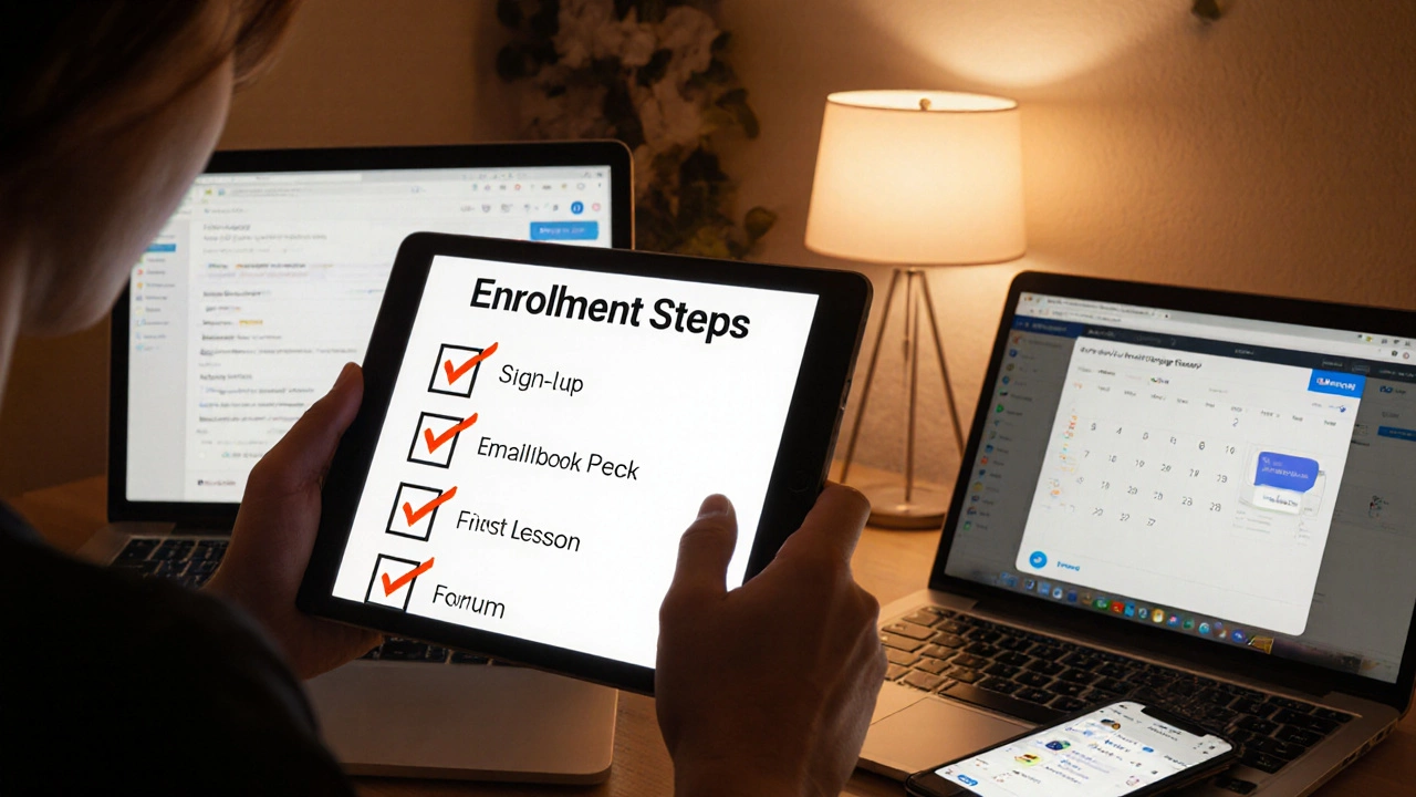 Person checking enrollment checklist on tablet in a cozy home office with laptop and calendar.