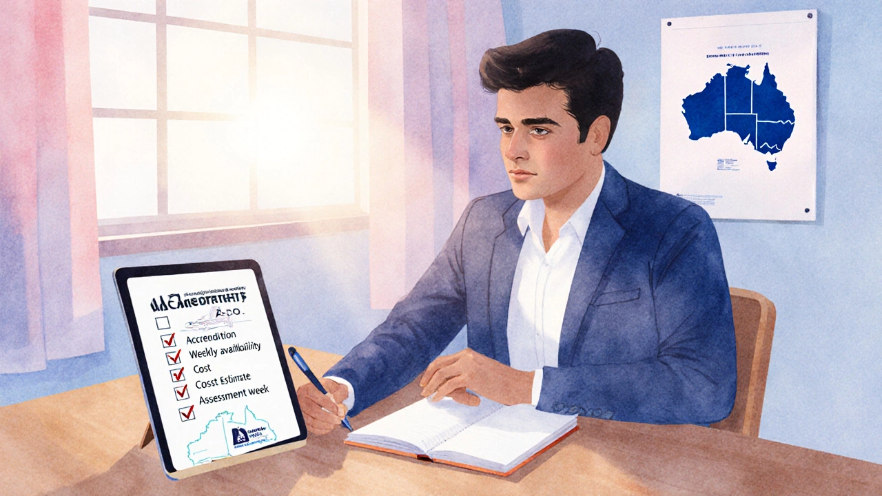 Person reviewing a checklist of course factors at a sunlit kitchen table.