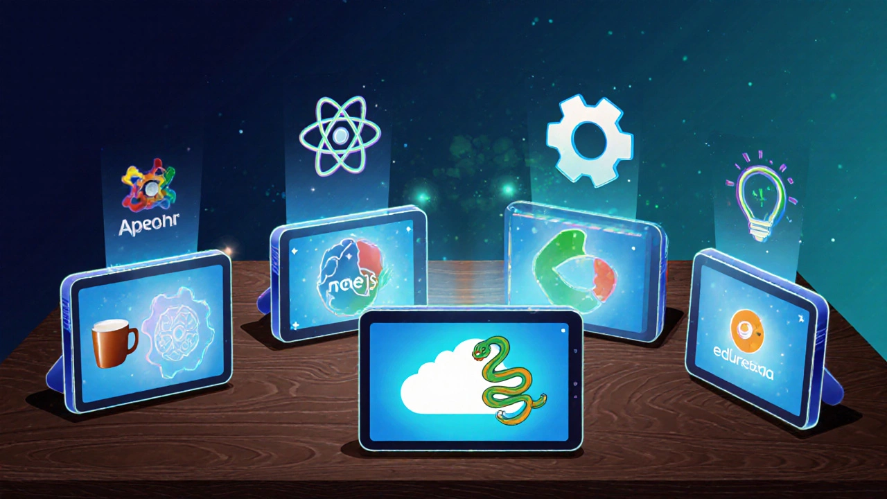 Six holographic tablets showing icons for NIIT, Aptech, Simplilearn, Coursera, Edureka, and Udacity.