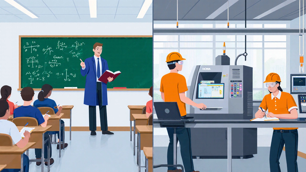 Split illustration showing a lecture hall on one side and a hands‑on lab on the other.