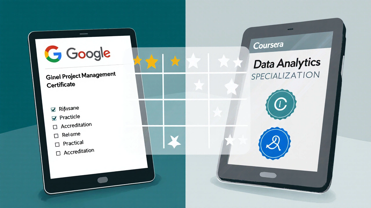 Split-screen view of two tablets comparing course badges and criteria with a faint scoring matrix overlay.