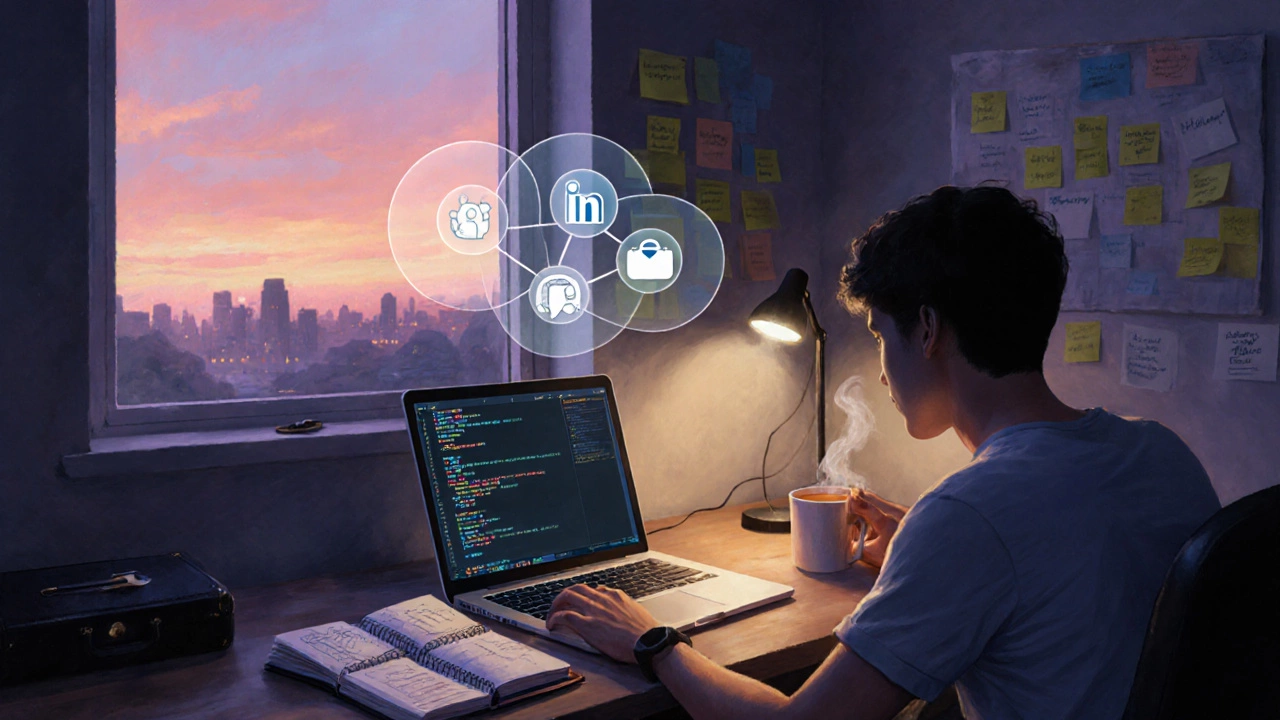 Student working late with code on laptop, coffee mug, and sunrise, symbolizing dedication.