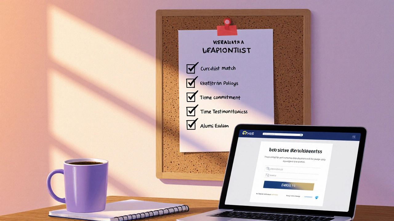 Sunrise-lit wall with a handwritten checklist, coffee mug, notebook, and tablet showing enrollment confirmation.
