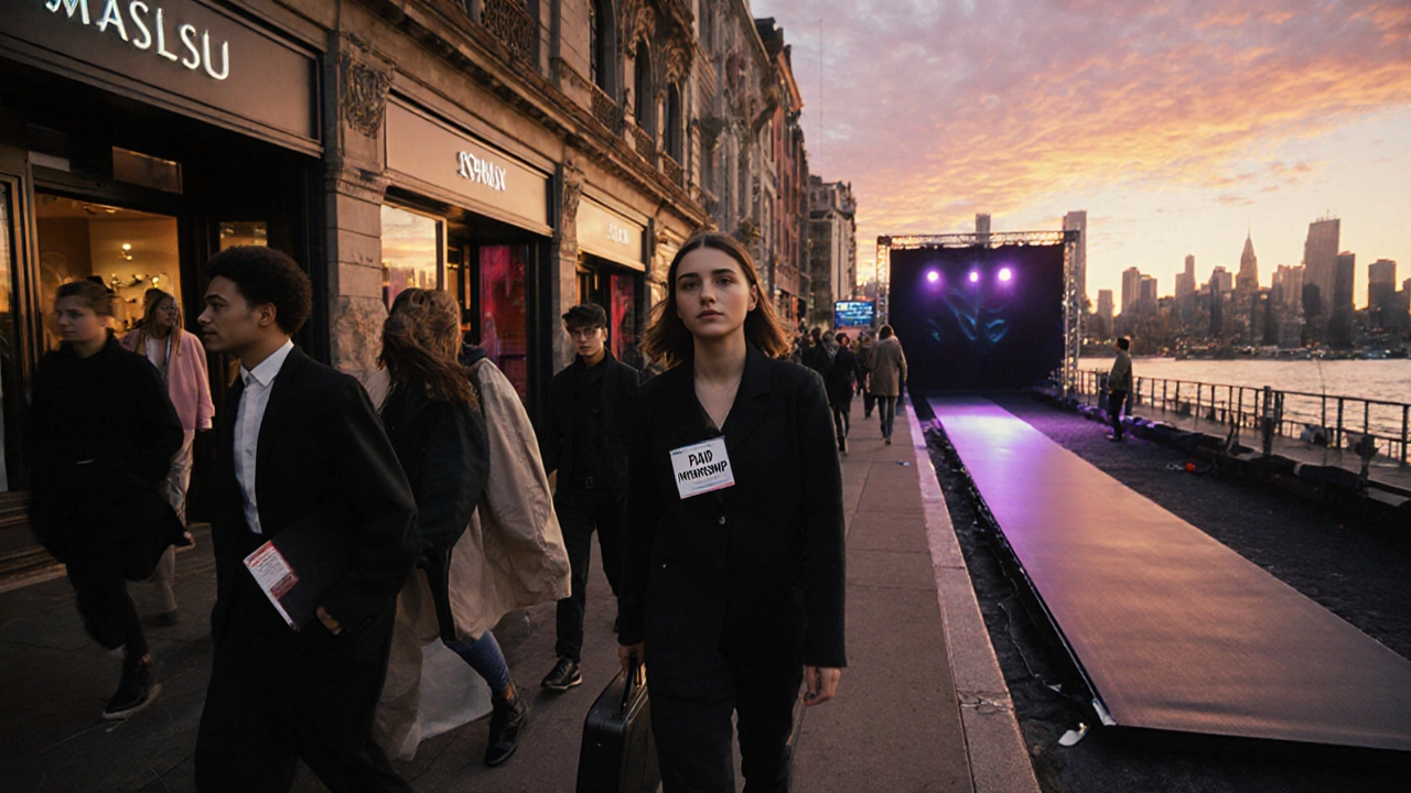 Sydney fashion students leaving a boutique with internship badge, runway set up on pier at sunset.