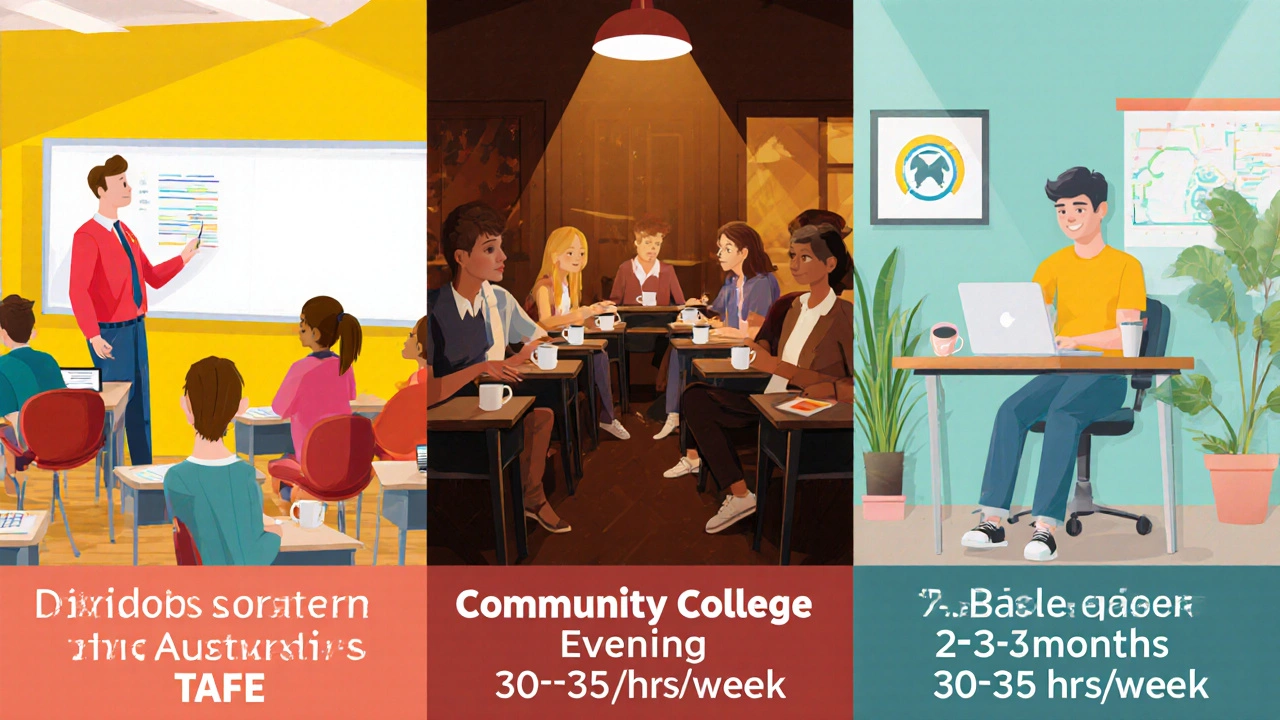 Three-panel illustration comparing classroom, evening, and online computer courses.