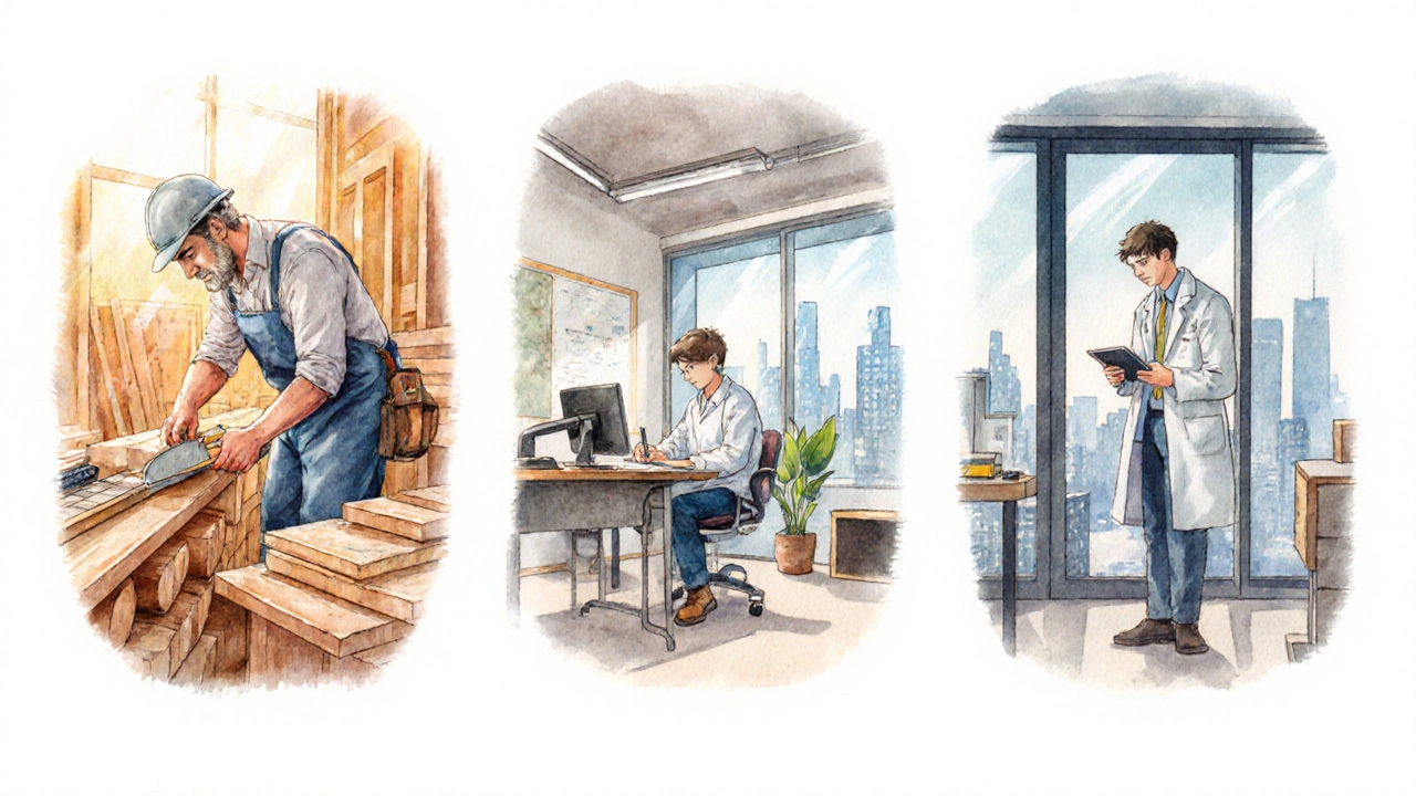 Watercolor triptych showing apprenticeship, internship, and co‑op learning settings.