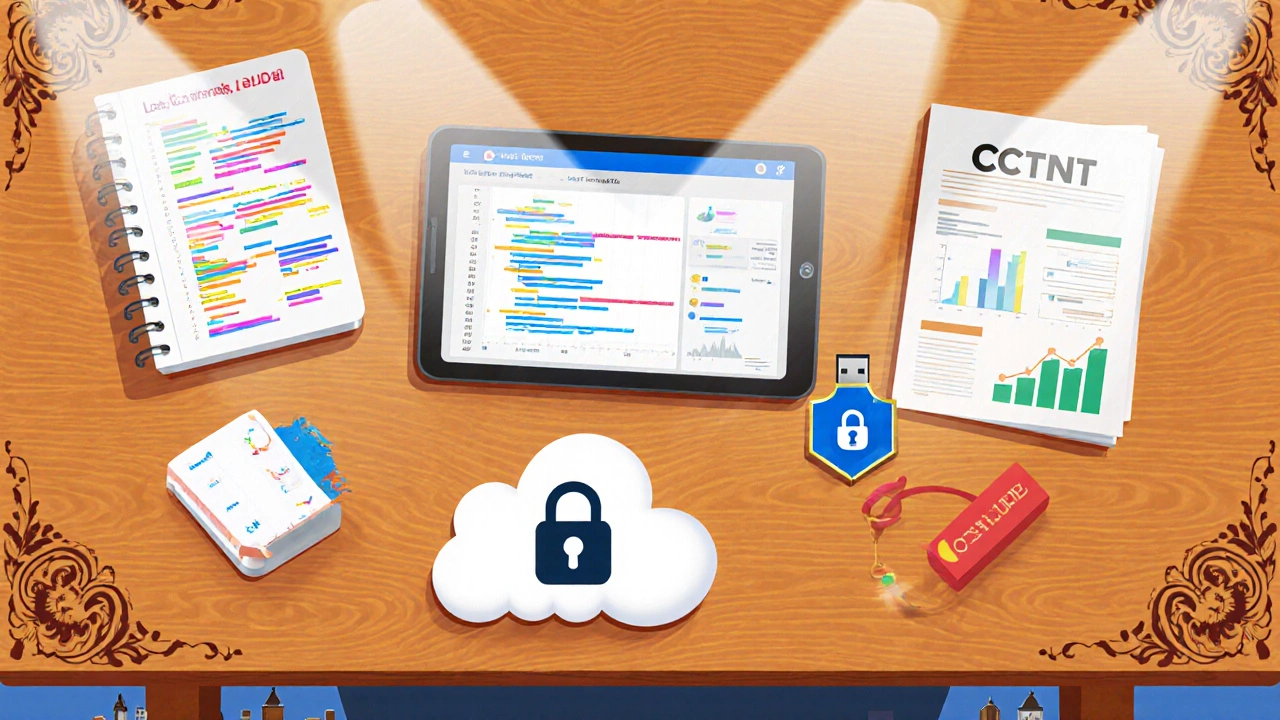 Workspace collage showing items representing data science, digital marketing, cloud, cybersecurity, finance, and project management.