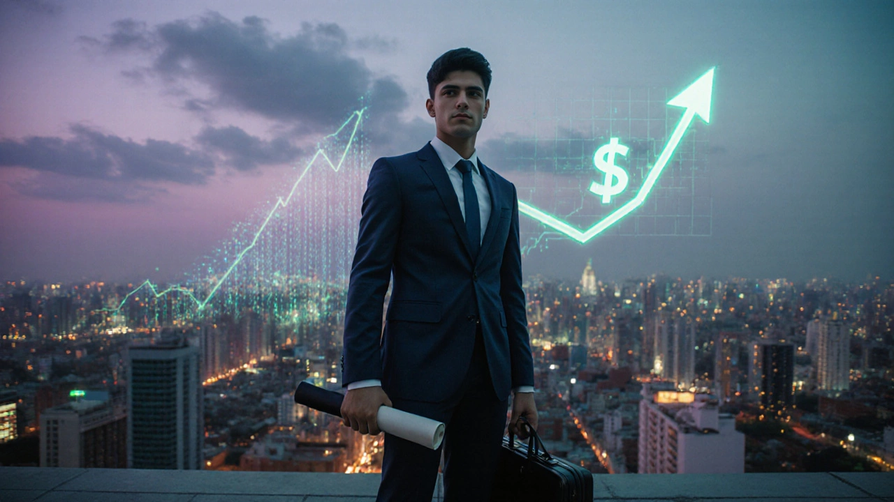 Young professional on a city rooftop holding a diploma and briefcase, with rising graph backdrop.